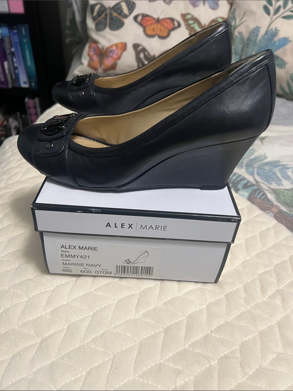 Alex Marie Navy Leather Peep-Toe Wedge Pumps